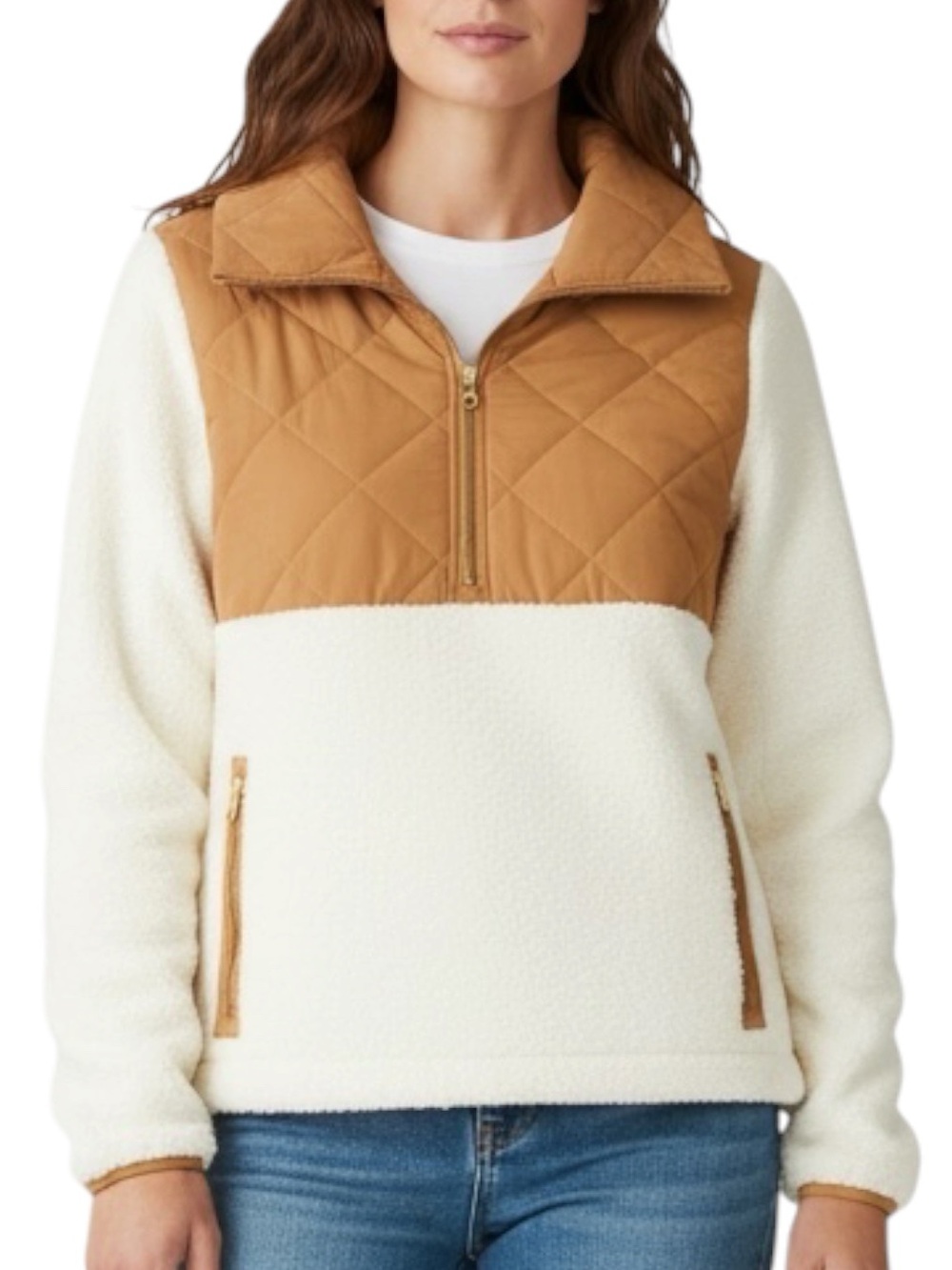 J. CREW Quilted Chest Sherpa Pullover Jacket - Cream / Camel MED — FALL VIBES